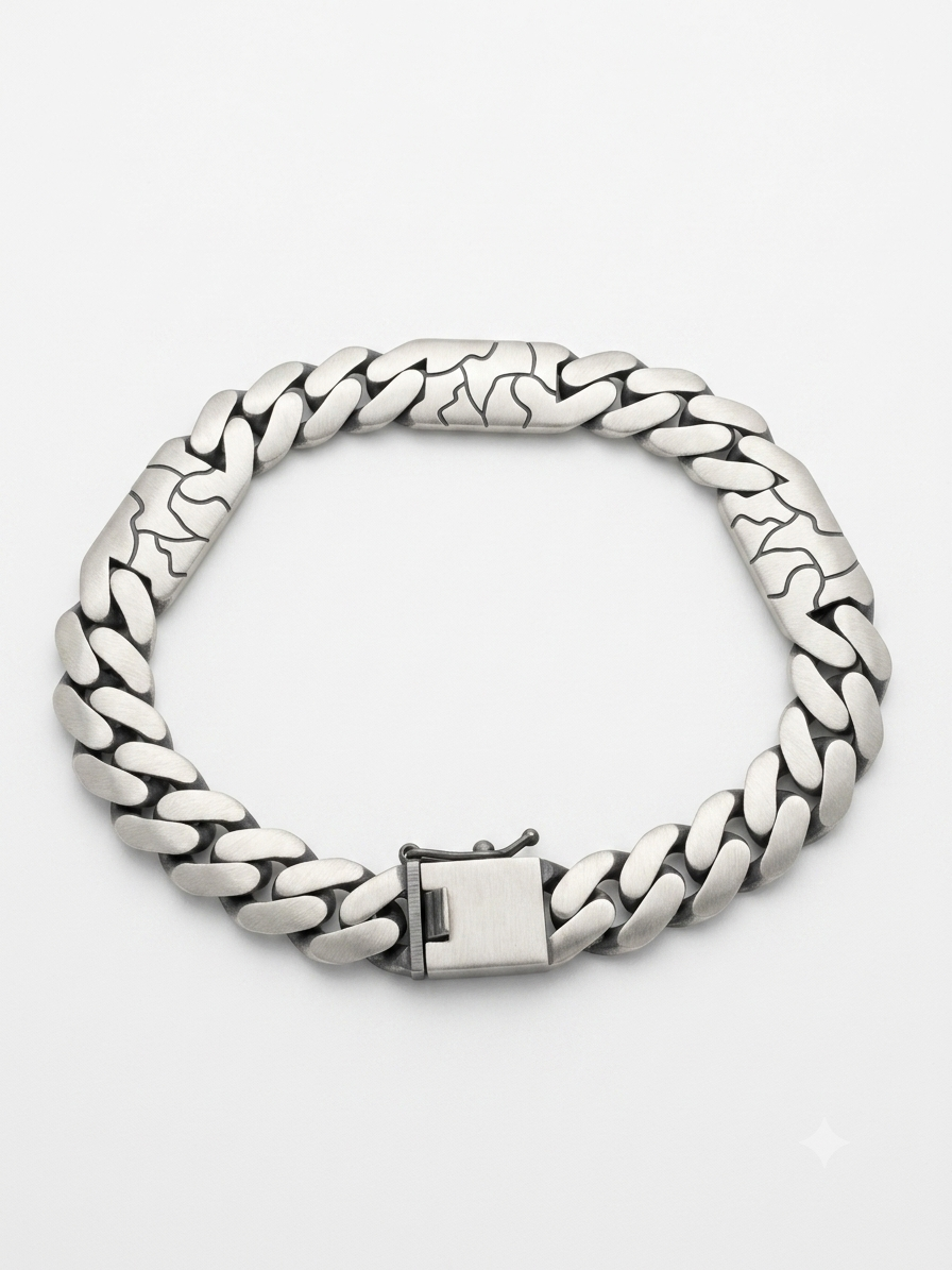 Silver Matte Finish Abstract Engraved Men's Link Bracelet