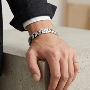 Alternative view of Silver Matte Finish Abstract Engraved Men's Link Bracelet