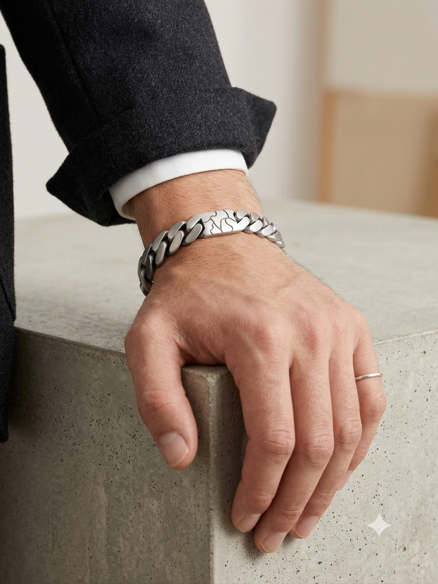 Silver Matte Finish Abstract Engraved Men's Link Bracelet - Image 2