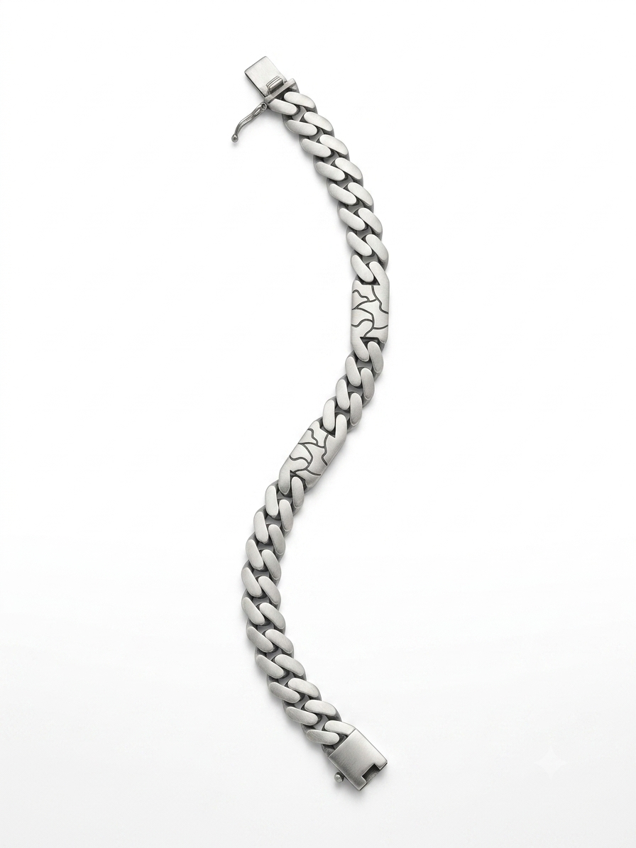 Silver Matte Finish Abstract Engraved Men's Link Bracelet - Image 3