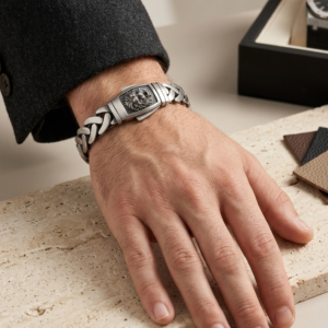 Alternative view of Silver The Regal Lion Braided Matte Finish Bracelet