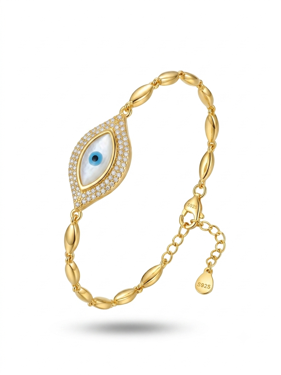 Silver The Aura Gold Plated Cz & Mother-of-Pearl Evil Eye Link Bracelet - Image 3