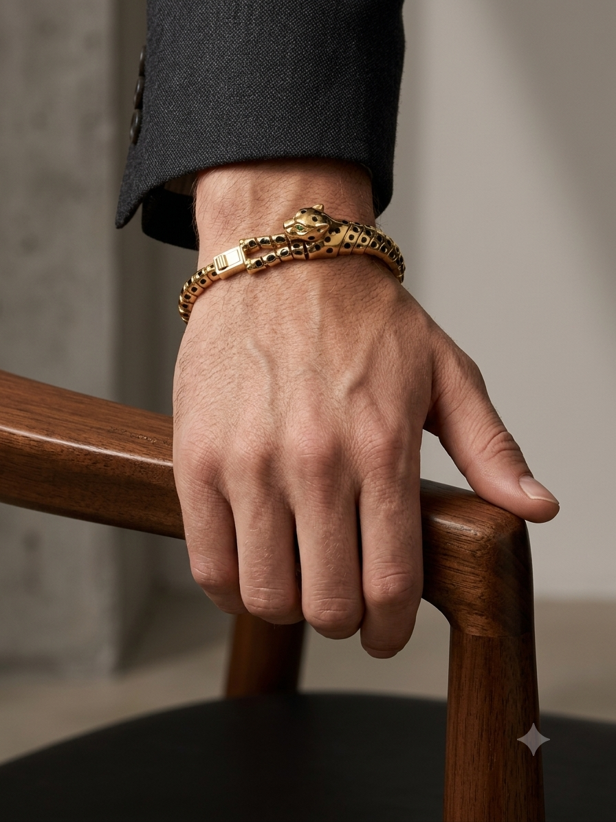 Silver Articulated Gold-Tone Leopard Spotted Link Unisex Bracelet - Image 2
