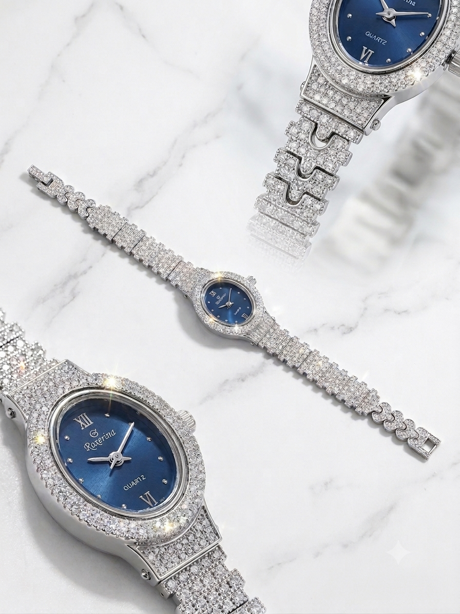Silver Roxerina Encrusted Sunray Blue Oval Dial Watch - Image 2