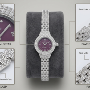 Alternative view of Silver Roxerina Full Pavé Diamond Luxury Watch with Purple Dial