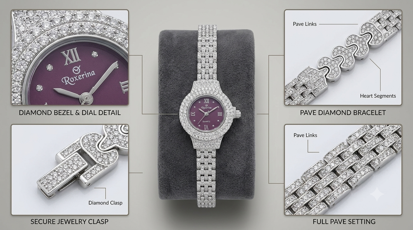 Silver Roxerina Full Pavé Diamond Luxury Watch with Purple Dial - Image 2