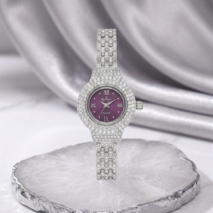 Silver Roxerina Full Pavé Diamond Luxury Watch with Purple Dial