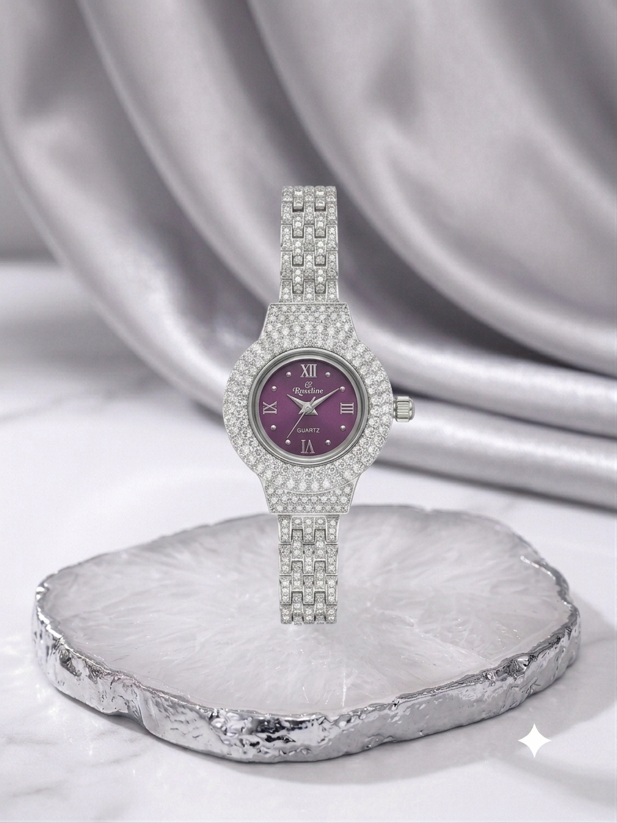 Silver Roxerina Full Pavé Diamond Luxury Watch with Purple Dial