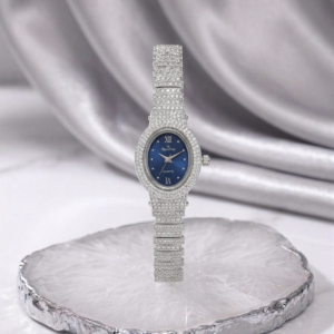 Silver Roxerina Encrusted Sunray Blue Oval Dial Watch