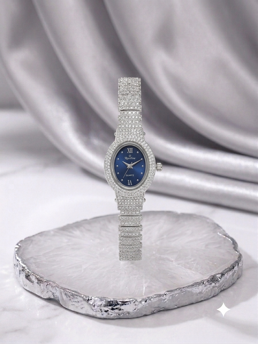 Silver Roxerina Encrusted Sunray Blue Oval Dial Watch