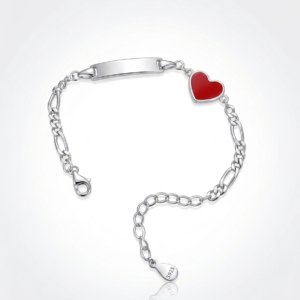 Silver Figaro Chain Kids' ID – Red Heart Charm Bracelet