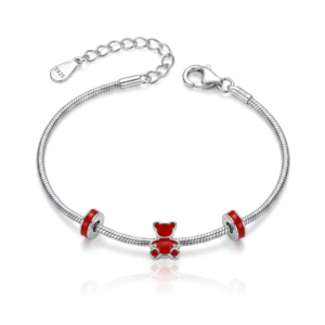 Silver Kids' Red Teddy Bear Charm Snake Chain Bracelet