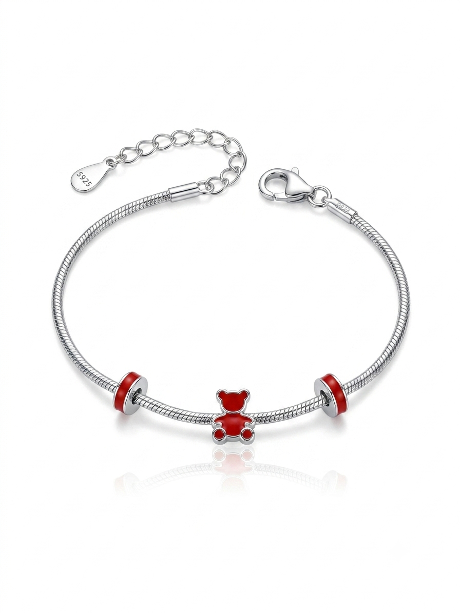 Silver Kids' Red Teddy Bear Charm Snake Chain Bracelet