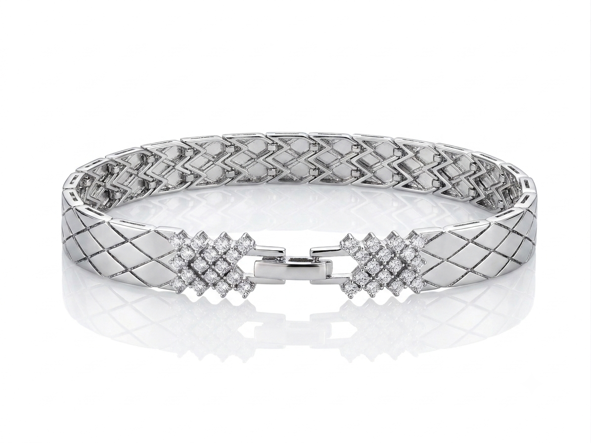 Silver Quilted Geometric Link Bracelet with Pavé Accents
