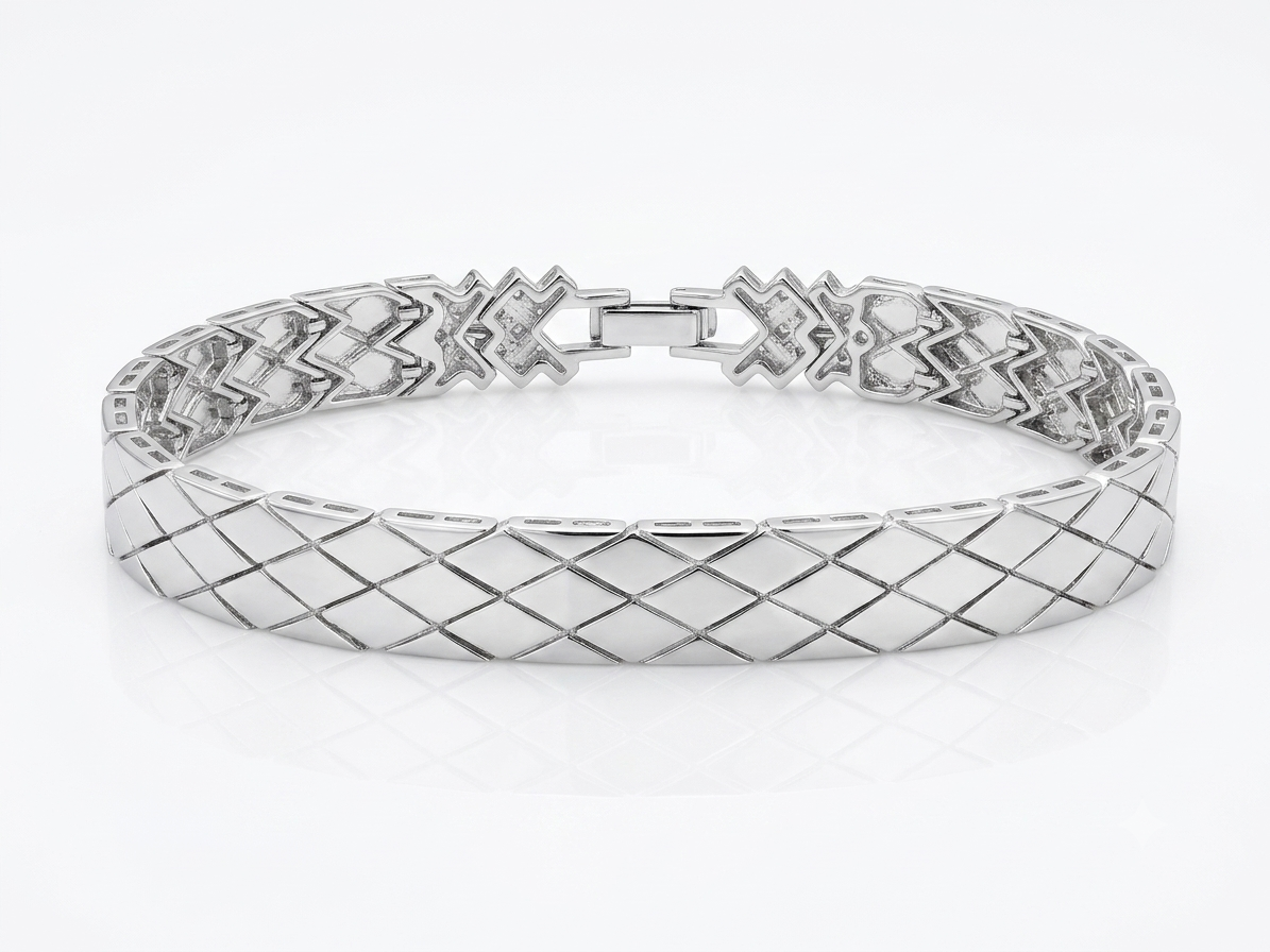 Silver Quilted Geometric Link Bracelet with Pavé Accents - Image 2