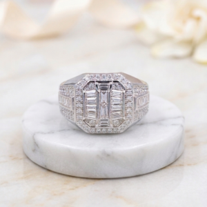 Silver Baguette Cluster Signet Ring - Octagon Halo Band