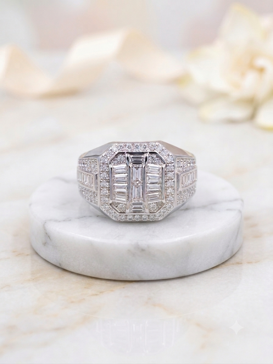 Silver Baguette Cluster Signet Ring - Octagon Halo Band
