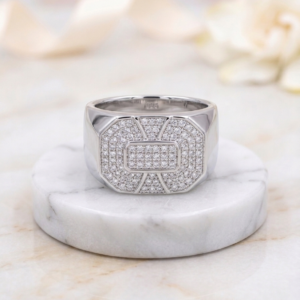 Silver Micro-Pavé Octagon Signet Ring - Iced Out Geometric Band