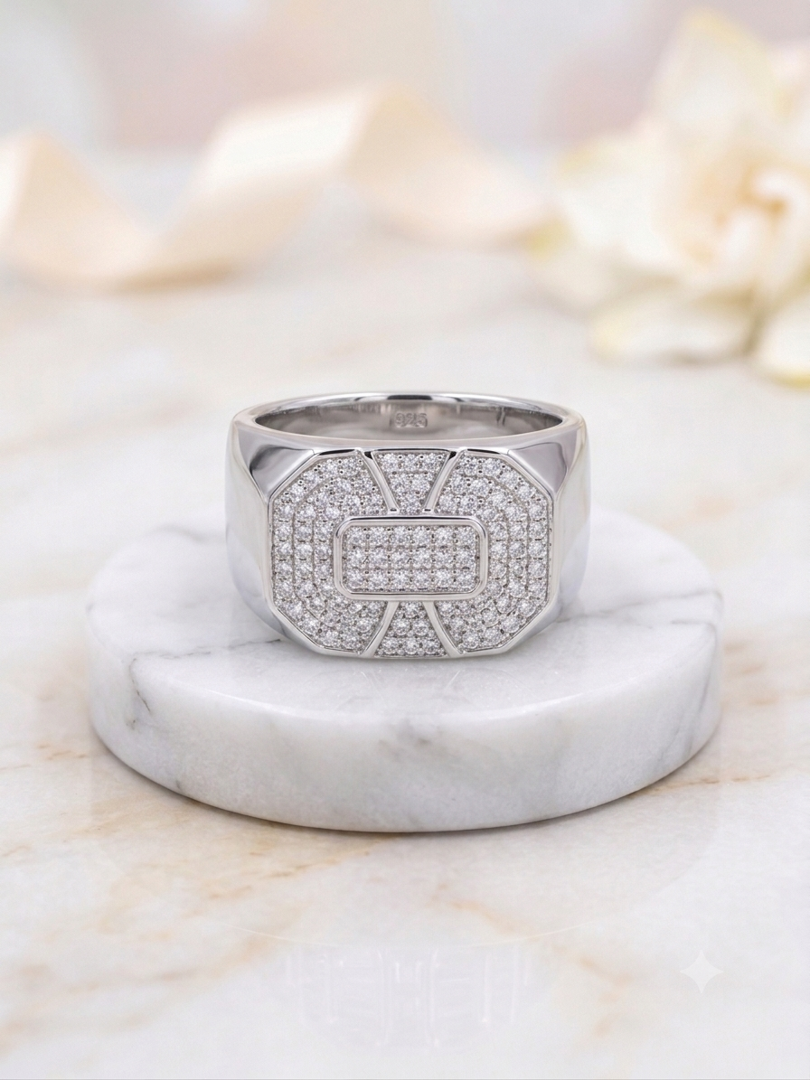 Silver Micro-Pavé Octagon Signet Ring - Iced Out Geometric Band