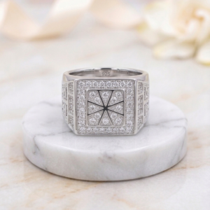 Silver Micro-Pavé Starburst Signet Ring - Square Geometric Band