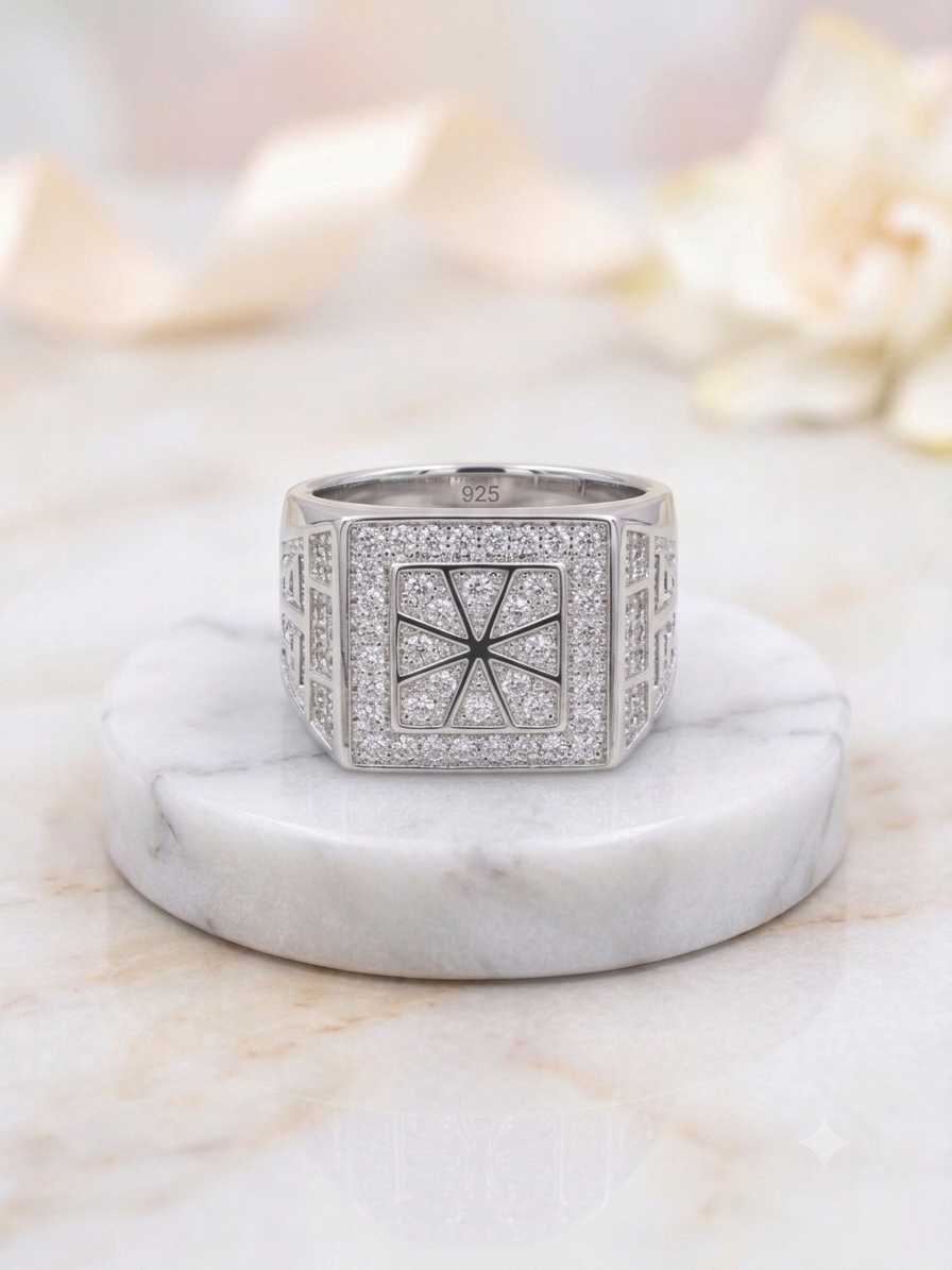 Silver Micro-Pavé Starburst Signet Ring - Square Geometric Band