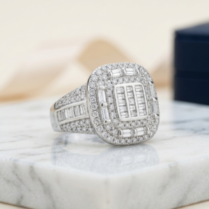 Silver Multi-Tier Baguette Cluster Ring - Cushion Double Halo Band