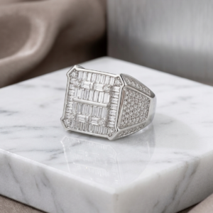 Silver Square Baguette Cluster Signet Ring - Iced Out Pavé Band