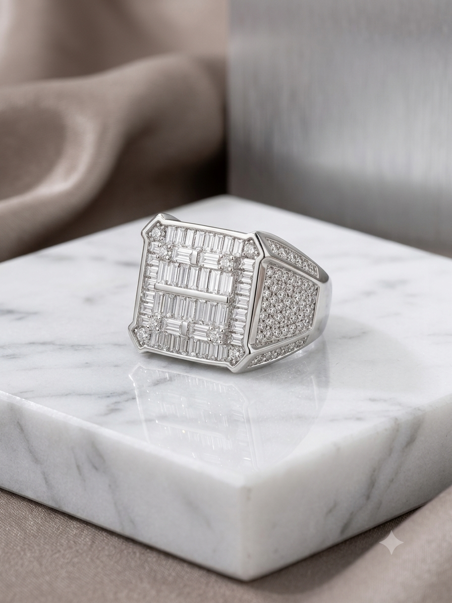 Silver Square Baguette Cluster Signet Ring - Iced Out Pavé Band