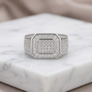 Silver Micro-Pavé Cushion Signet Ring - Iced Out Double Halo Band