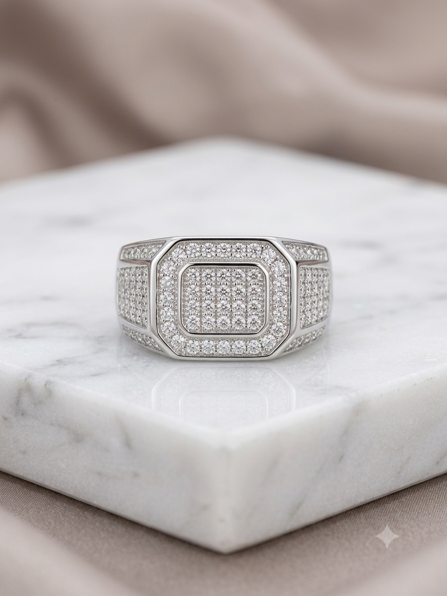 Silver Micro-Pavé Cushion Signet Ring - Iced Out Double Halo Band