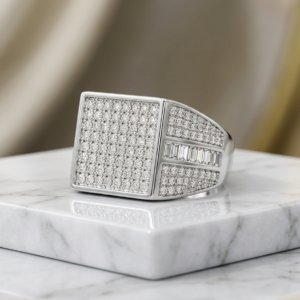 Silver Micro-Pavé Square Signet Ring - Baguette Shoulder Iced Out Band