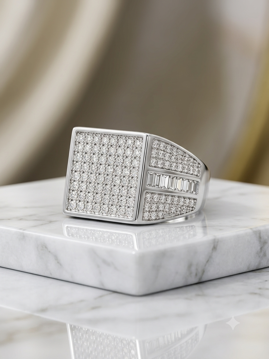 Silver Micro-Pavé Square Signet Ring - Baguette Shoulder Iced Out Band