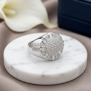 Silver Round Sunburst Cluster Signet Ring - Baguette Halo Iced Out Band