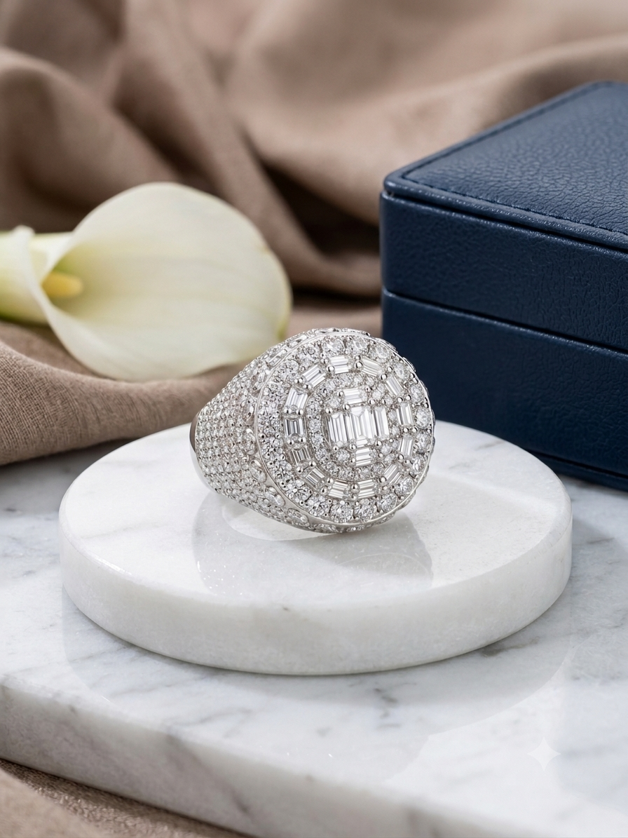 Silver Grand Oval Baguette Cluster Signet Ring - Multi-Halo Iced Out Band