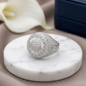 Silver Grand Round Sunburst Signet Ring - Multi-Halo Iced Out Band