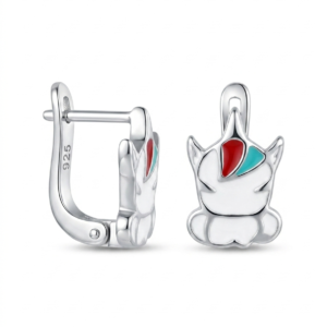 Silver Kid’s White Unicorn Enamel Earring