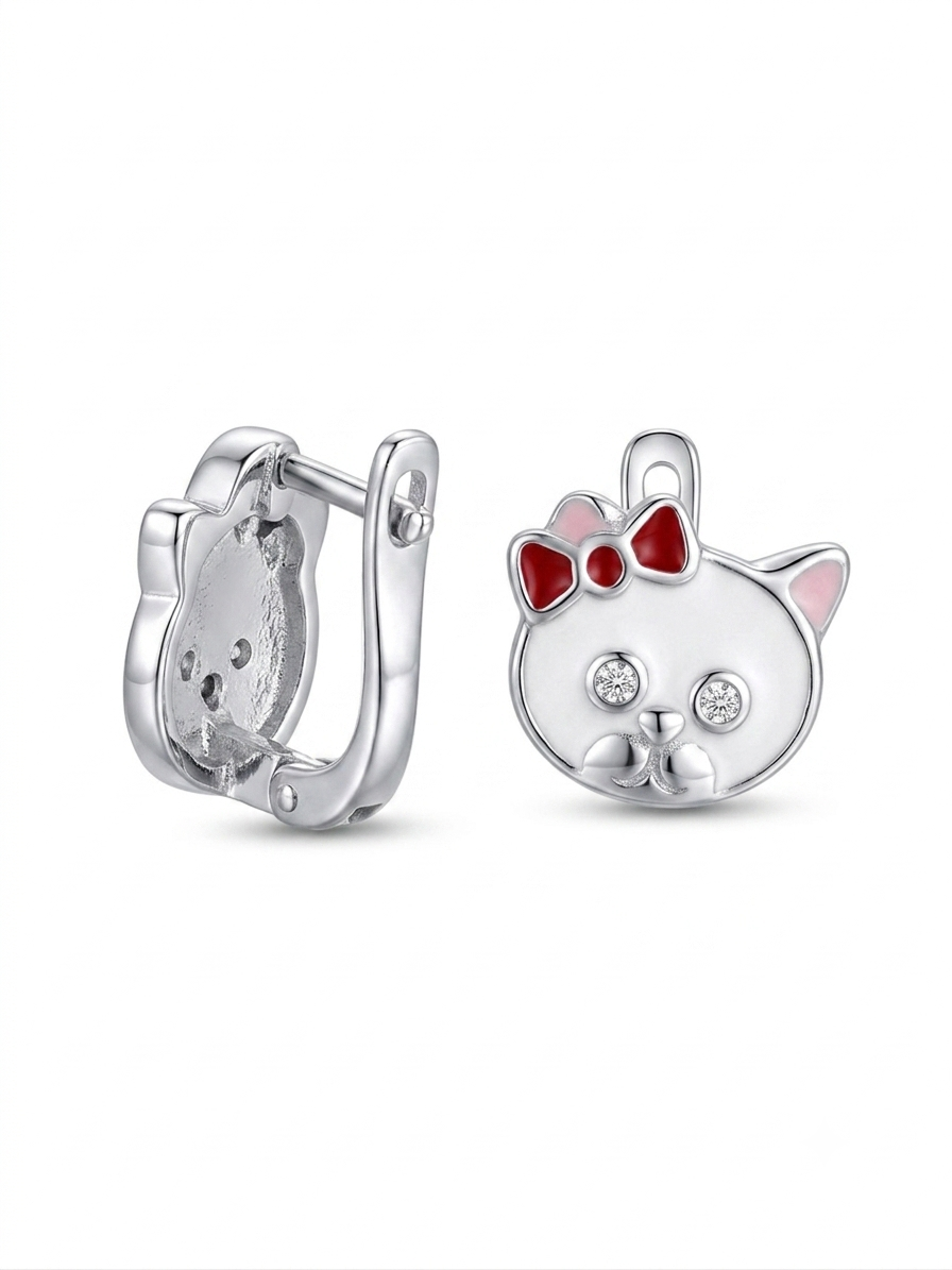 Silver Kid’s Cute Kitty Enamel Earring