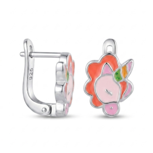 Silver Kid’s Pink-Orange Unicorn Enamel Earring