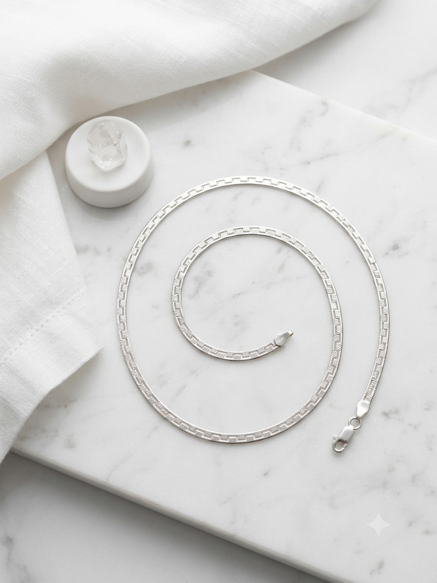 Silver Greek Key Flat Link Chain Necklace