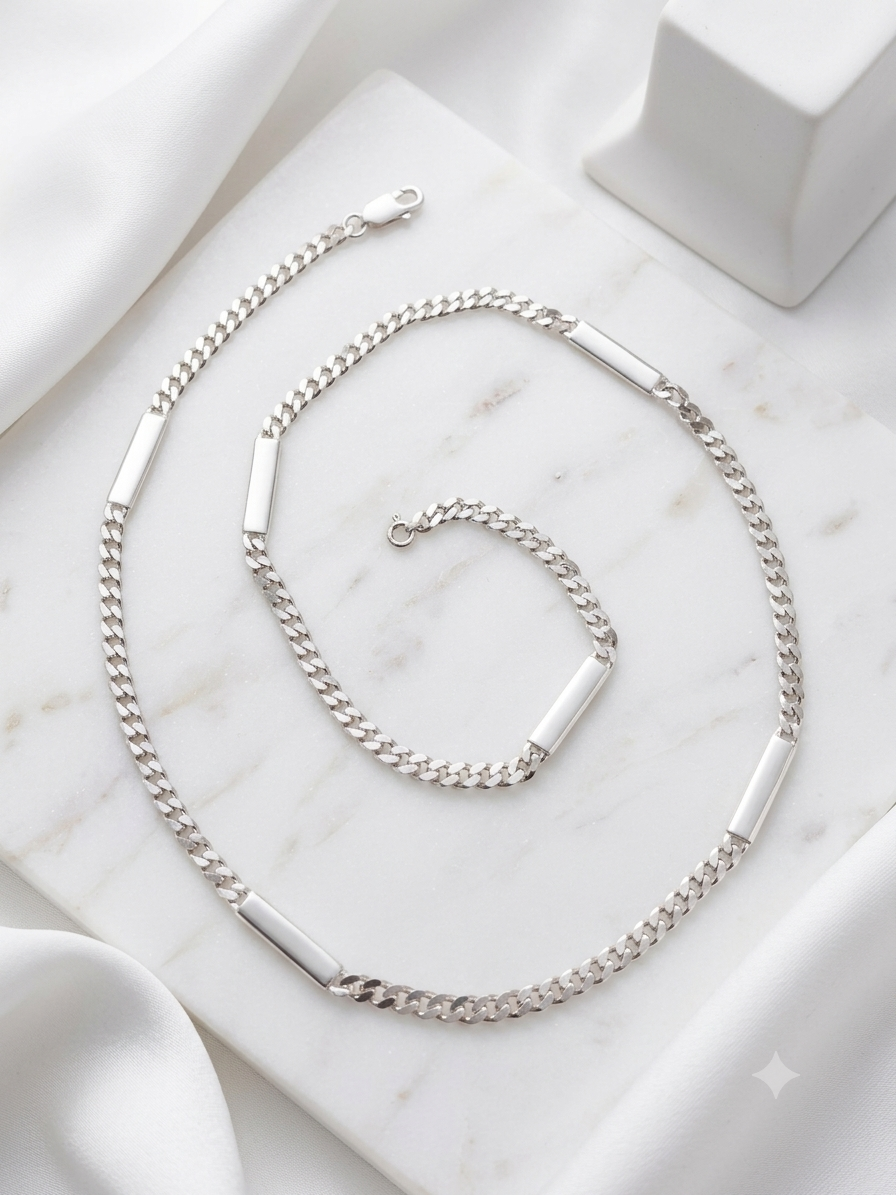 Silver Curb Chain with Polished Bar Stations