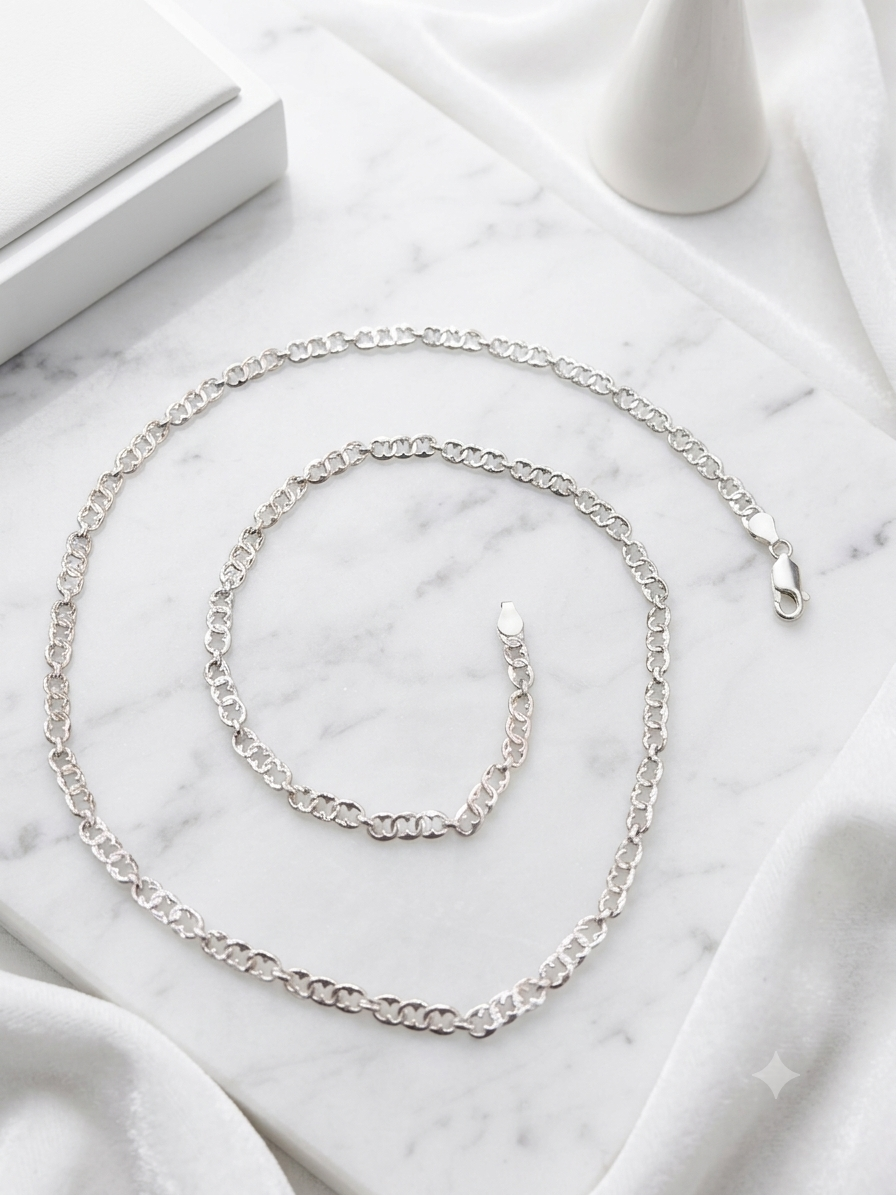 Silver Textured Double Ring Link Chain