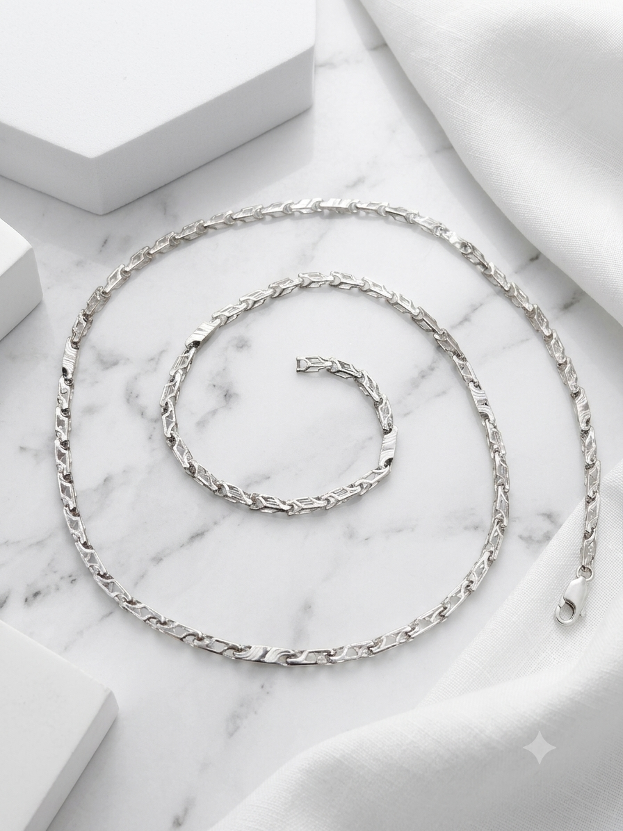 Silver Textured Bar Link Chain Necklace