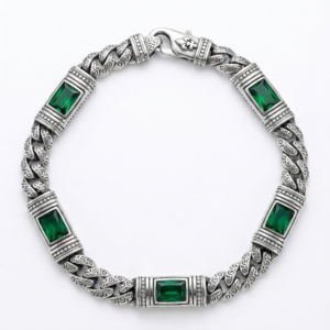 Silver Emerald Zircon Carved Curb Bracelet
