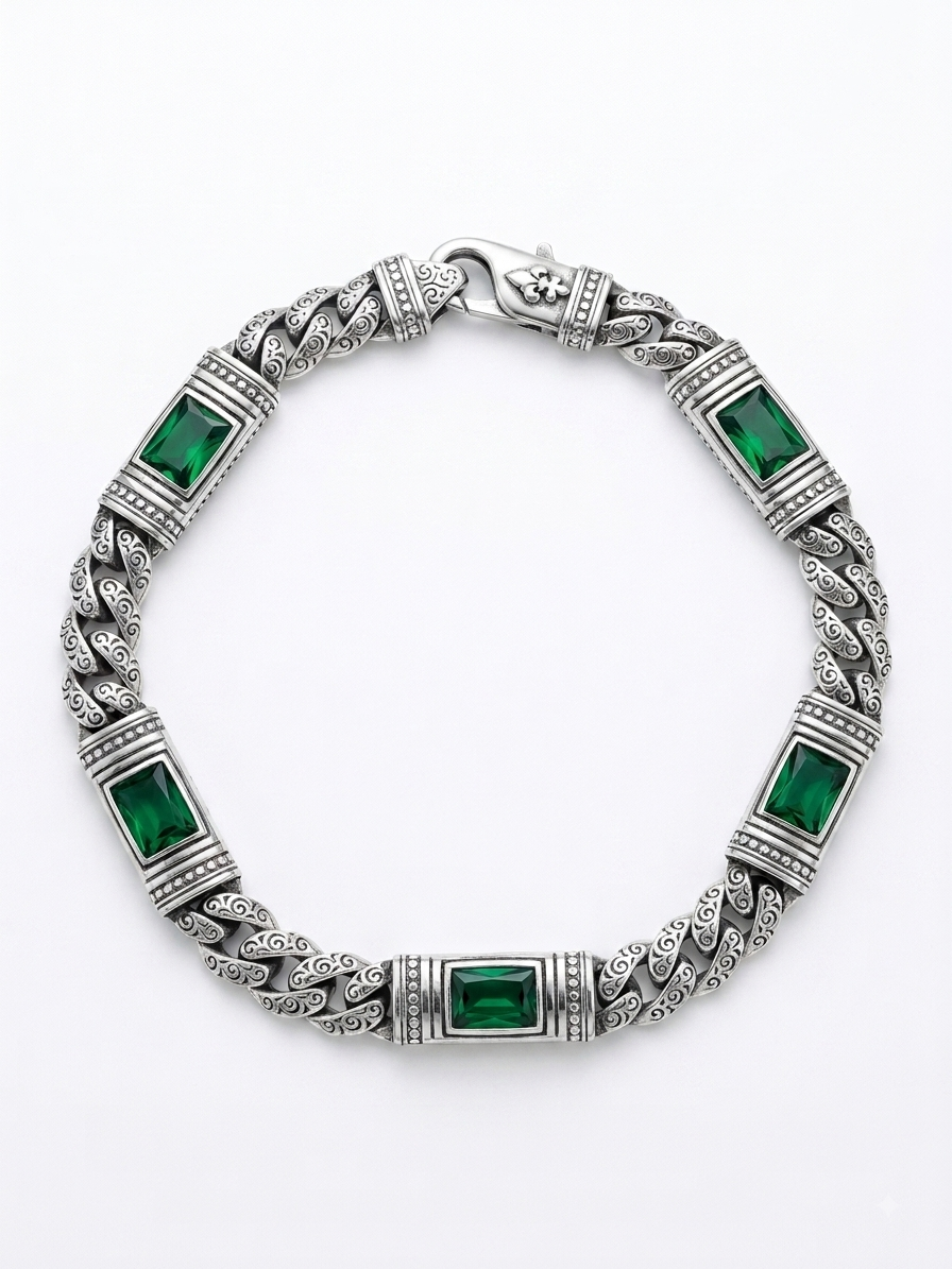 Silver Emerald Zircon Carved Curb Bracelet