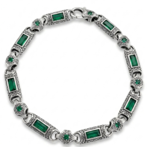 Silver Emerald Zircon Carved Bar & Rhombus Bracelet