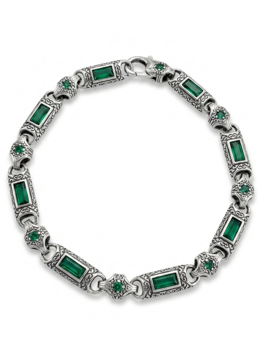 Silver Emerald Zircon Carved Bar & Rhombus Bracelet
