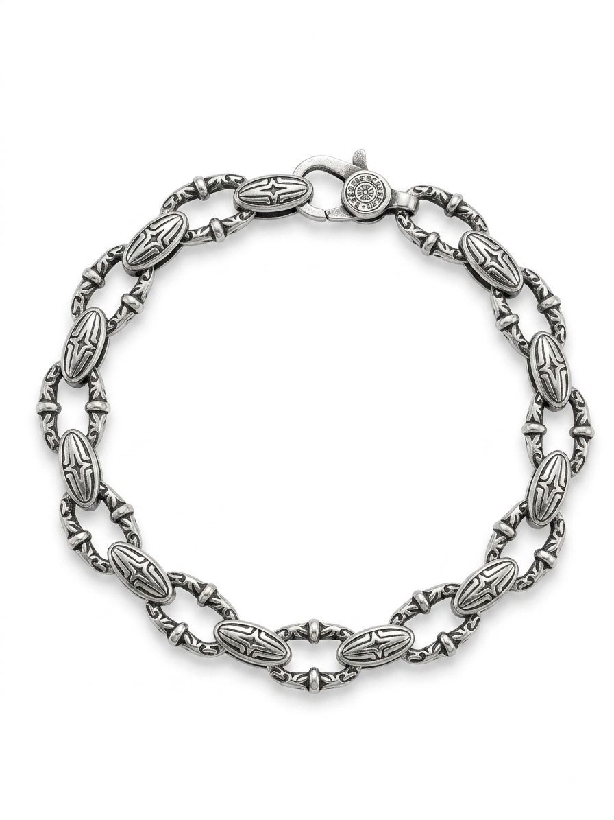 Silver Starburst Oval Motif Link Bracelet