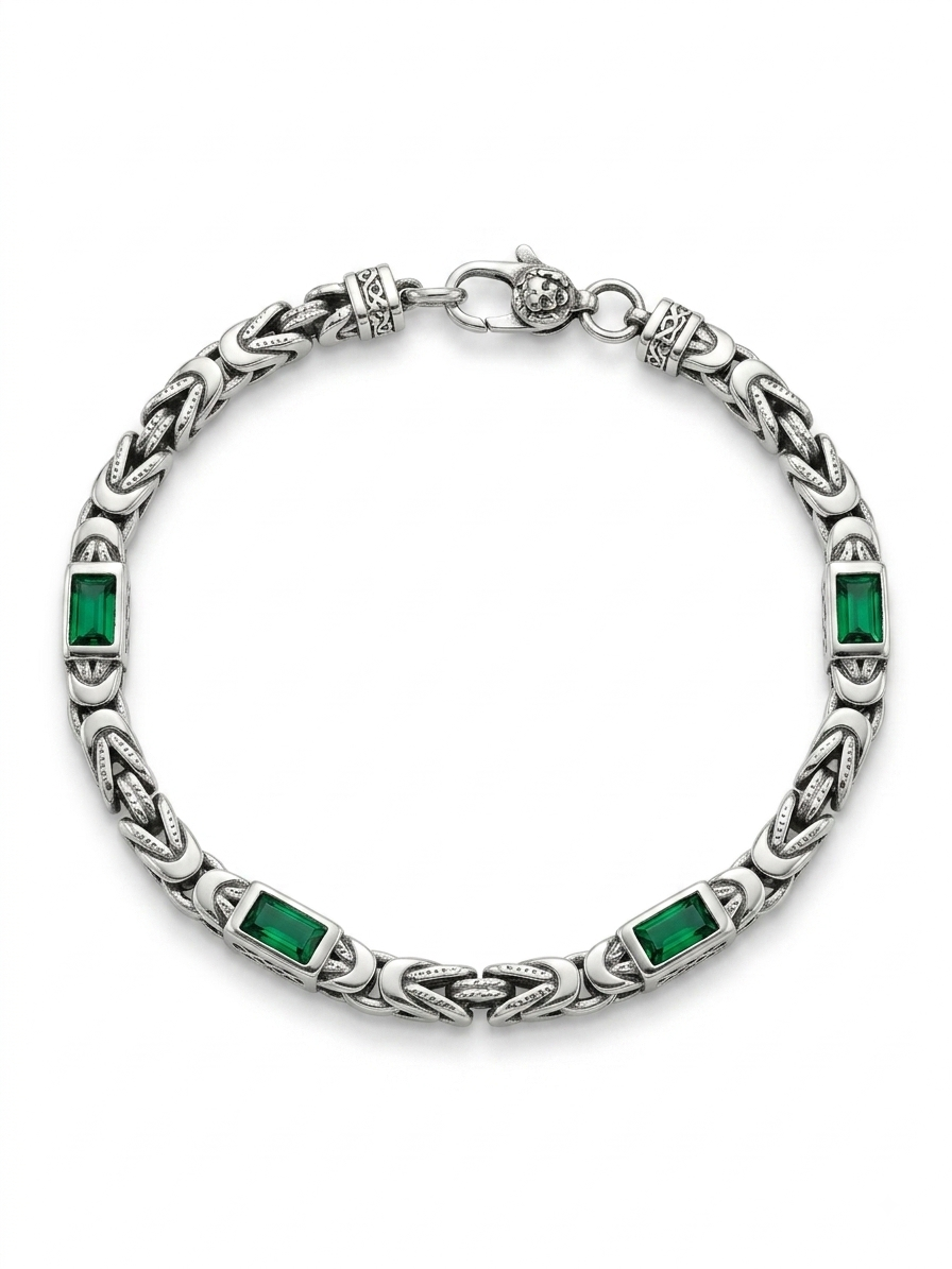 Silver Emerald Green Zircon Byzantine Link Bracelet