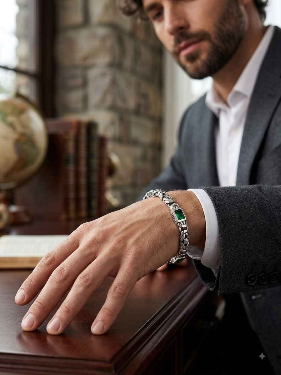 Silver Emerald Green Zircon Byzantine Bracelet - Image 2