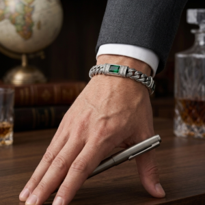 Alternative view of Silver Emerald Zircon Carved Curb Bracelet